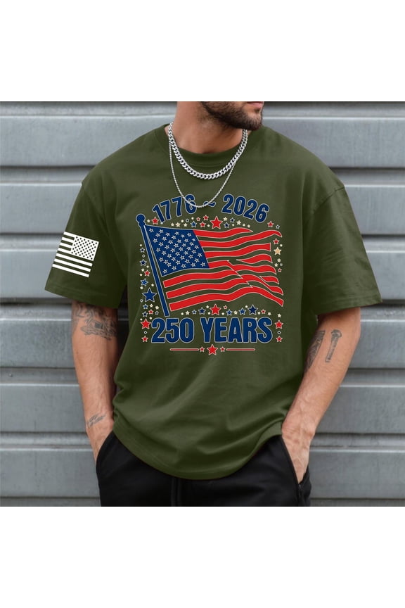 Usa 250Th Anniversary Shirt Men's Casual Short Sleeve Breathable Tee Daily Couples Matching 4Th of July Shirt Army Green S