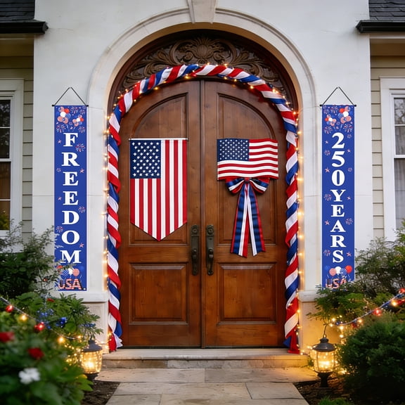 Usa 250Th Anniversary Vertical Door Banner Set Stripe Star Patriotic Couplet Flags For 4Th Of July Front Porch Home Entrance Wall Party Decor(B-30X180Cm)