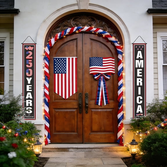 Usa 250Th Anniversary Vertical Door Banner Set Stripe Star Patriotic Couplet Flags For 4Th Of July Front Porch Home Entrance Wall Party Decor(C-30X180Cm)