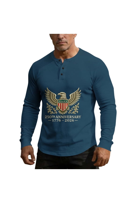 Usa 250th Anniversary Merchandise, 4th of July Shirts for Men Patriotic Long Sleeve Tops Eagle Print Shirt Button Up Henley Pullover
