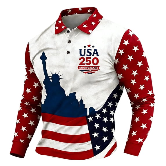 Usa 250th Anniversary Shirt for Men Collar Long Sleeve Classic Fit Casual Flat Polos