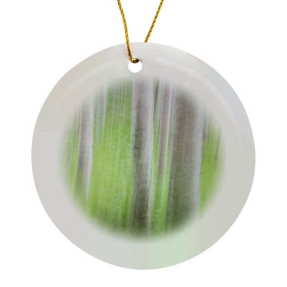 3drose, Usa, Alaska. Abstract Motion Blur of Birch Trees., Circle Porcelain Ornament