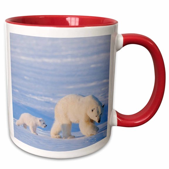 3drose, Usa, Alaska, Arctic Nwr. Polar Bear Sow with Her Cub Outside Their Den, 11oz Two-tone Red Mug