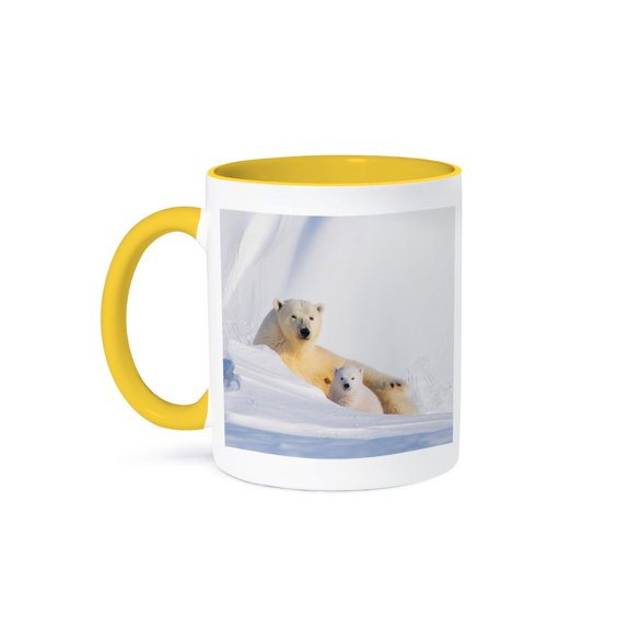 3drose, Usa, Alaska, Arctic Nwr. Polar Bear Sow with Her Cub Outside Their Den, 11oz Two-tone Yellow Mug
