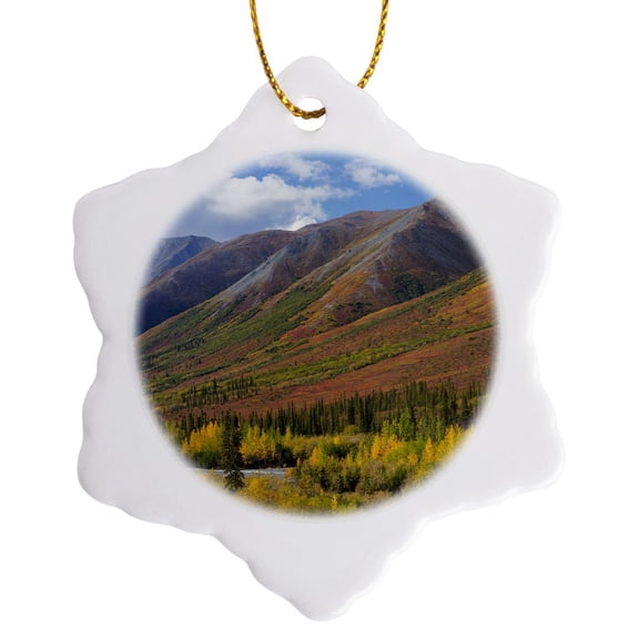 3drose, Usa, Alaska, Brooks Range. Autumn Mountain Landscape with Stream., 3 inch Snowflake Porcelain Ornament