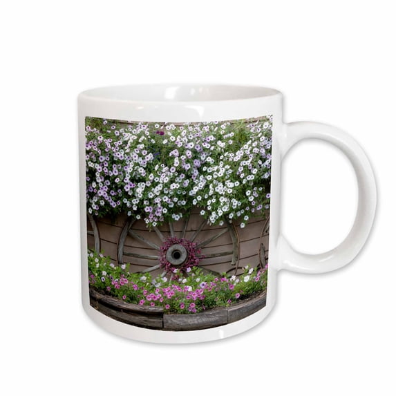3drose, Usa, Alaska, Chena Hot Springs. Flowers and Wagon Wheels., 11oz Mug