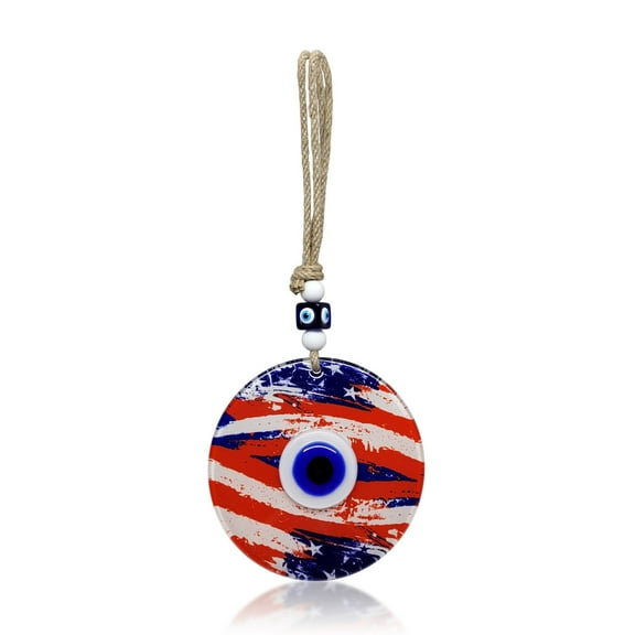 Usa American Flag Glass Wall Hanging Amulet with Lucky Evil Eye for Home or Office Red White & Blue Gift Housewarming, Holiday, Birthday, Celebration of America