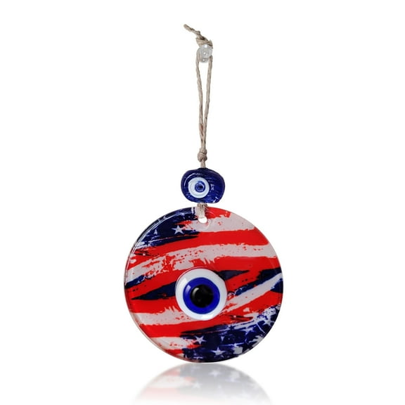Usa American Flag Glass Wall Hanging Amulet with Lucky Evil Eye for Home or Office Red White & Blue Gift Housewarming, Holiday, Birthday, No Tools