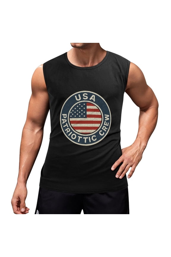 Usa American Flag Patriotic Crew Men's Sleeveless Muscle Shirt Cotton Tank Top for Gym Walking and Daily Wear Small
