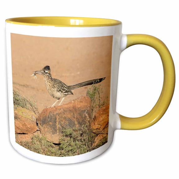 3drose, Usa, Arizona, Amado. Greater Roadrunner with Lizard., 11oz Two-tone Yellow Mug