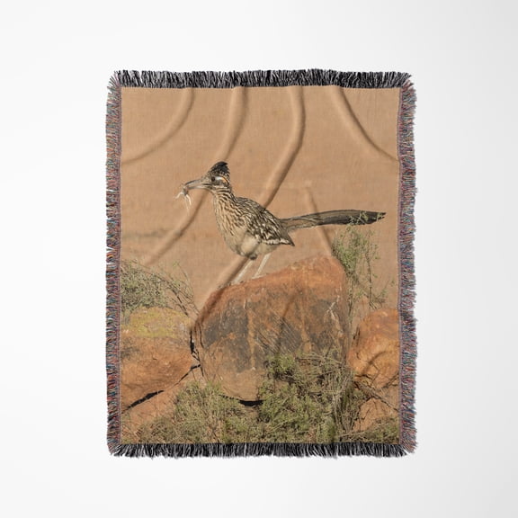 Usa, Arizona, Amado. Greater Roadrunner With Lizard., Woven Blanket