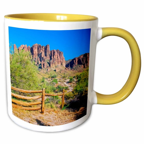 3drose, Usa, Arizona. Desert Trail by Lost Dutchman State Park., 15oz Two-tone Yellow Mug