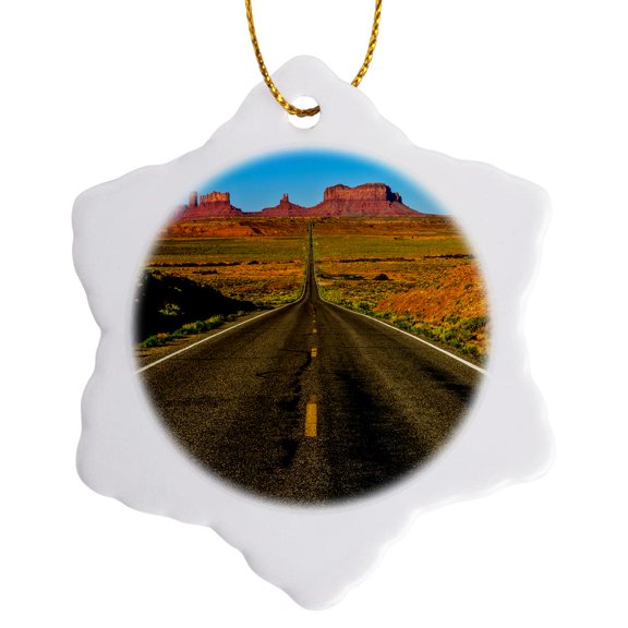 3drose, Usa, Arizona, Monument Valley, Highway View, 3 inch Snowflake Porcelain Ornament