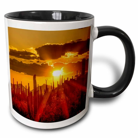 3drose, Usa, Arizona, Tucson, Orange Sunset Over Saguaro National Park, 15oz Two-tone Black Mug