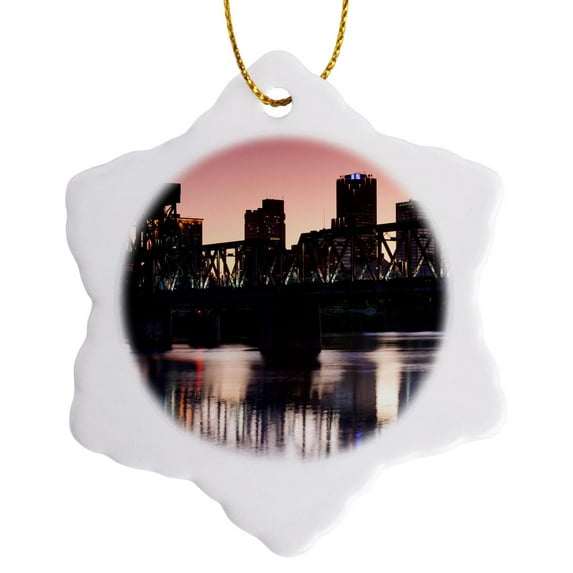 3drose, Usa, Arkansas, Little Rock, City Skyline at Dusk, 3 inch Snowflake Porcelain Ornament