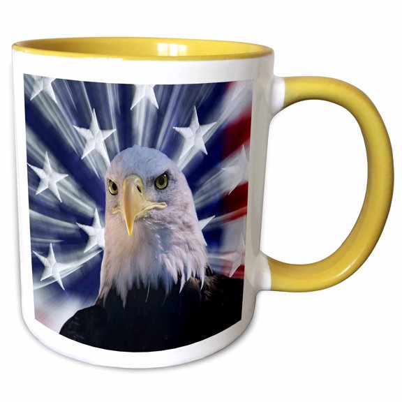 3drose, Usa, California. Composite of Bald Eagle and American Flag., 11oz Two-tone Yellow Mug