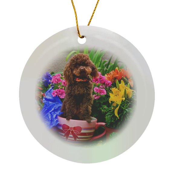 3drose, Usa, California. Poodle Standing in a Coffee Cup with Flowers., Circle Porcelain Ornament