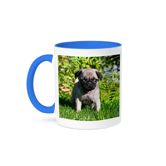 3dRose, USA, California. Pug puppy standing in grass., 15oz Two-Tone Blue Mug