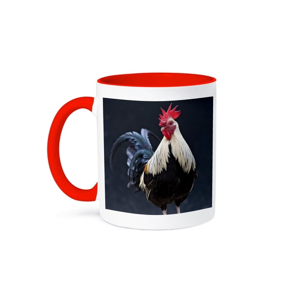 3drose, Usa, California. Rooster on Fence., 11oz Two-tone Red Mug