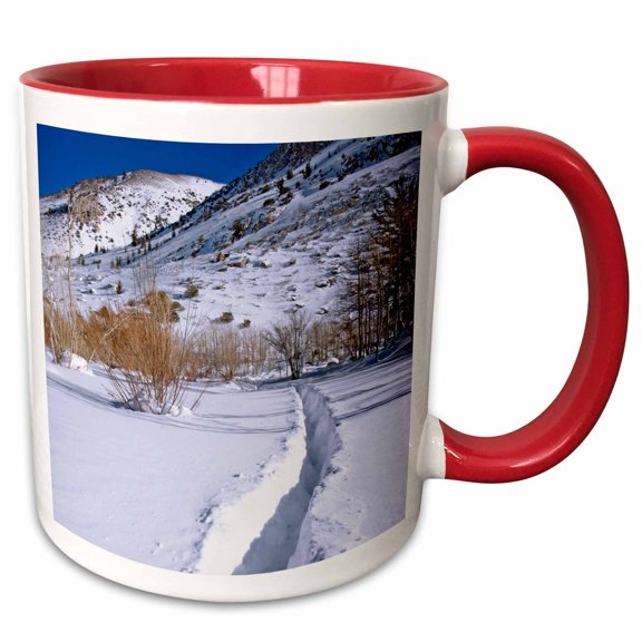 3drose, Usa, California, Sierra Nevada Mountains. Path Through Mountain Snow, 11oz Two-tone Red Mug