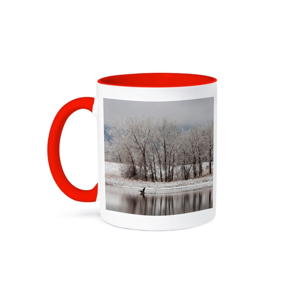 3drose, Usa, Colorado, Boulder. Canadian Geese Taking Flight from Water., 11oz Two-tone Red Mug