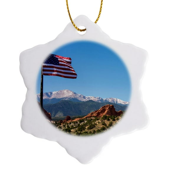 3drose, Usa, Colorado. Garden of the Gods. Vista across Park to Pikes Peak., 3 inch Snowflake Porcelain Ornament