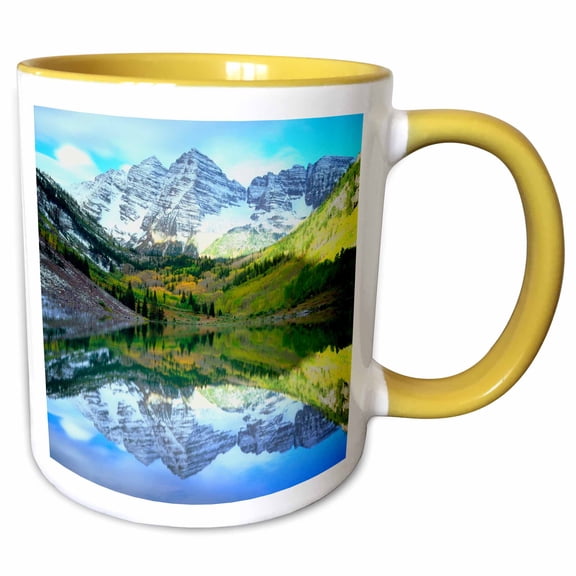 3drose, Usa, Colorado. Rocky Mountains, Maroon Bells Reflect in Maroon Lake., 15oz Two-tone Yellow Mug