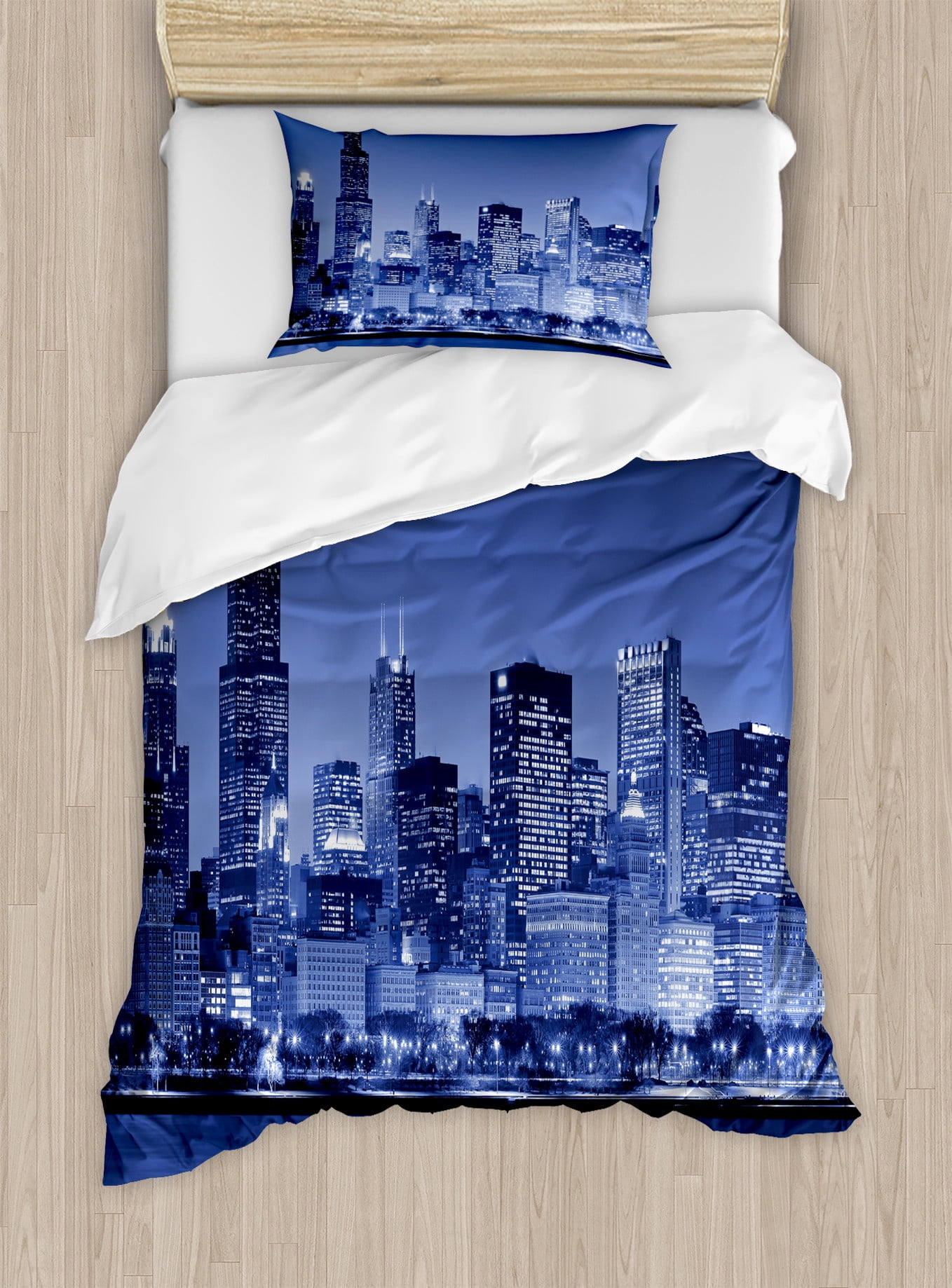 Twin Dark Blue Urban Skyline Duvet Cover Set