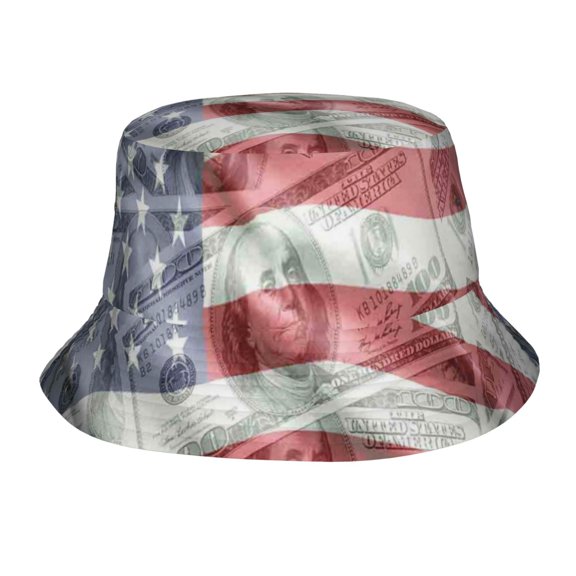 Usa Flag And Dollar Bucket Hat, Packable Fisherman Sun Cap, Foldable UV Protection for Fishing Beach Hiking Camping