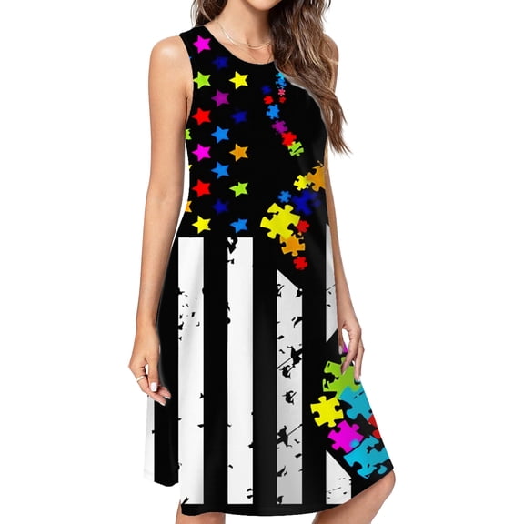 Usa Flag Autism Casual Sleeveless Loose Sundress Dress For Women Summer Dress Daily Woman