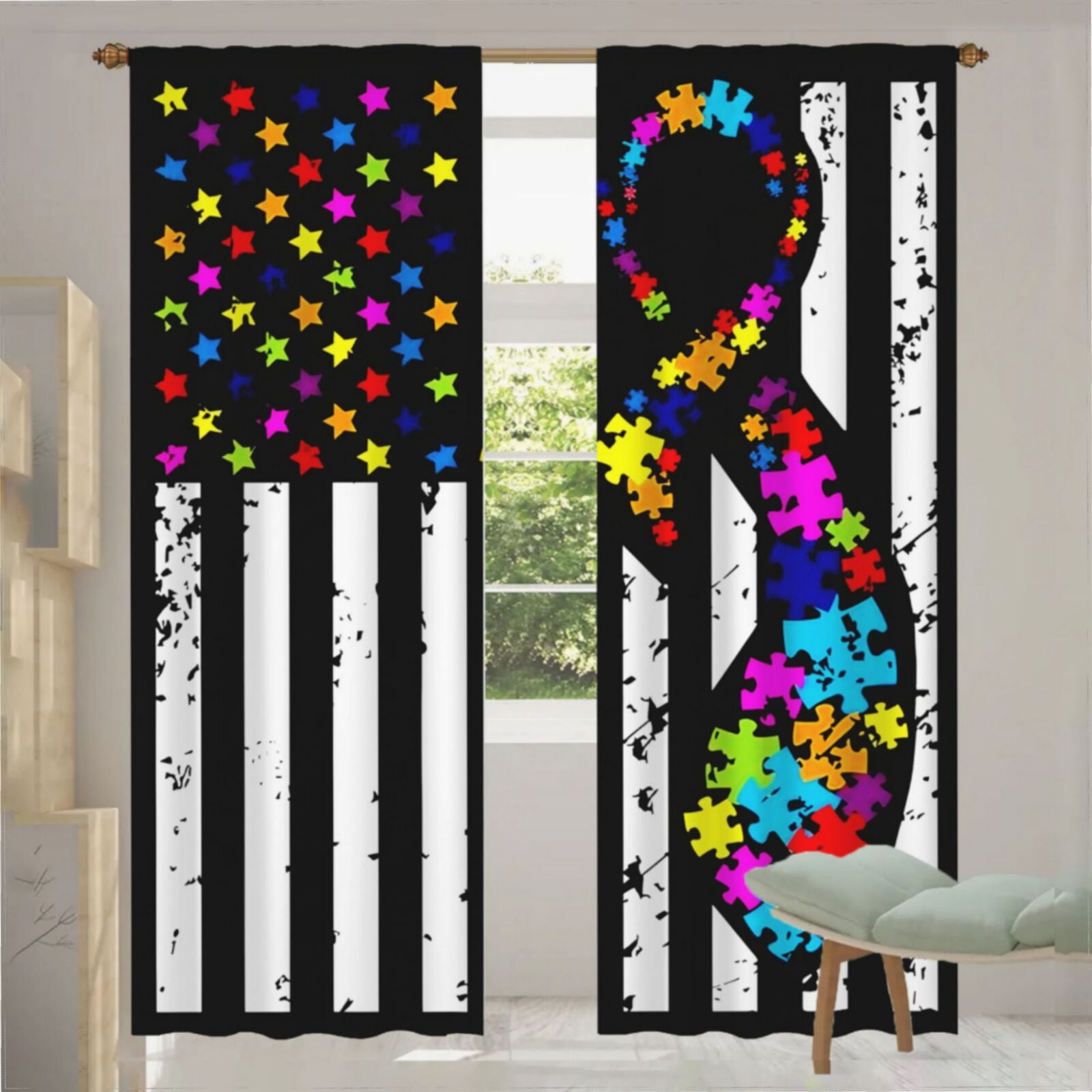 Usa Flag Autism Curtains for Living Room Bedroom Decor Transparent ...