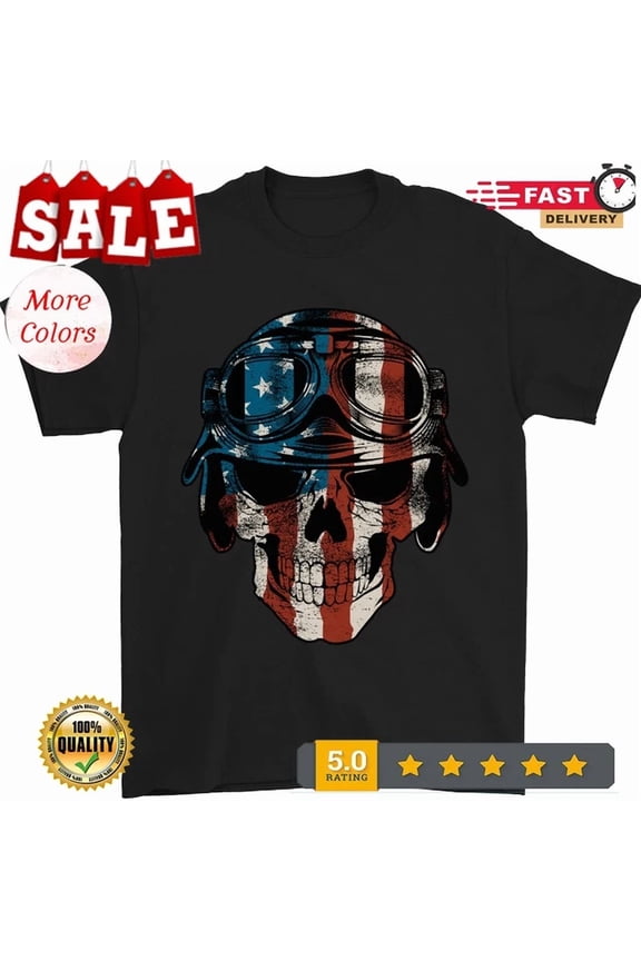 Usa Flag Biker Skull Motorcycle Motorbike Mens T-Shirt, Birthday Gift