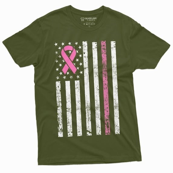 Usa Flag Cancer Awareness Ribbon T-Shirt Mens Womens Unisex T-Shirt (Large Military Green)