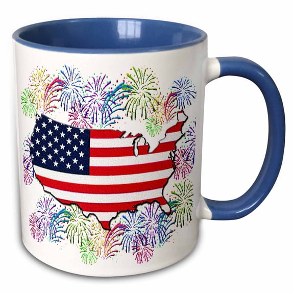 3drose, Usa Flag Map with Fireworks (textured), 11oz Two-tone Blue Mug