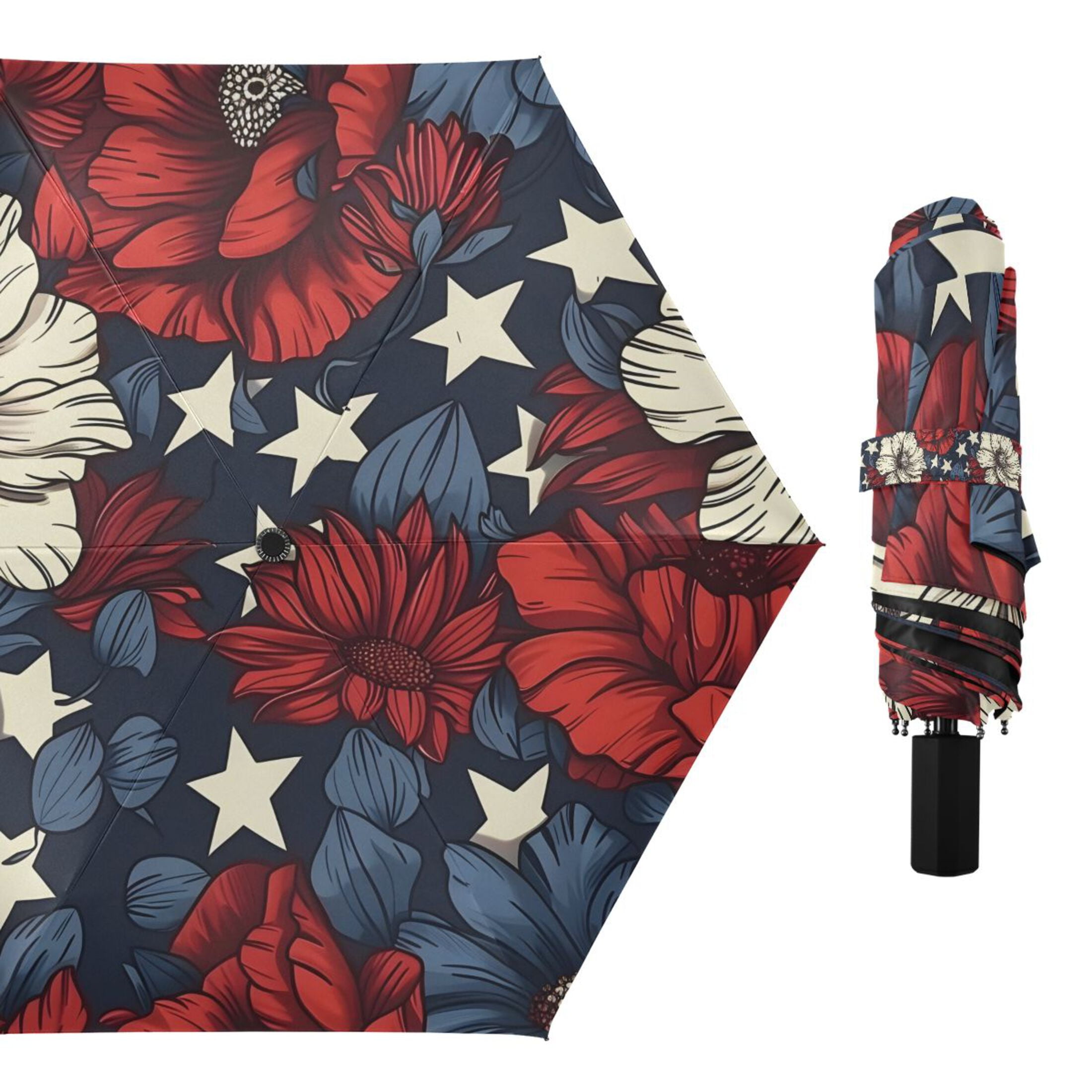 Usa Flag Patriotic Floral Compact Sun Umbrella Windproof Travel Umbrellas for Rain Strong Portable UV Protection