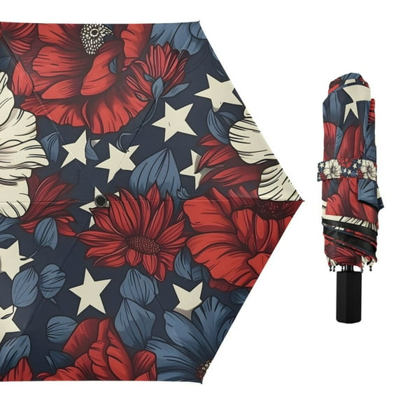 Usa Flag Patriotic Floral Compact Sun Umbrella Windproof Travel Umbrellas for Rain Strong Portable UV Protection