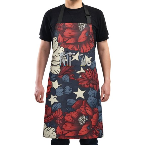 Usa Flag Patriotic Floral Kitchen Apron with 2 Pockets Adjustable waterproof Cooking Aprons for Women Men Chef