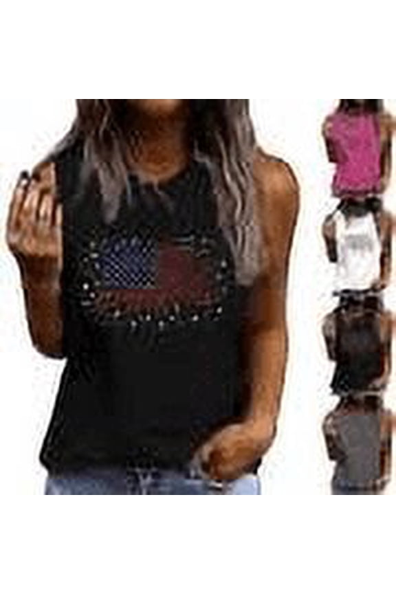 Usa Flag Star Printed Tank Tops Summer Pullover Sweater Blouses Round Neck Tee Sleeveless Shirts Baggy Boho Dressy Shirts Independence Day Camisole Going Out Vest