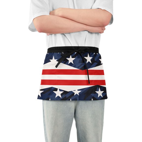 Usa Flag Stripes Stars Server Apron with 3 Pockets Waterproof Waitress Waist Short Apron for Man Woman 12 Inches