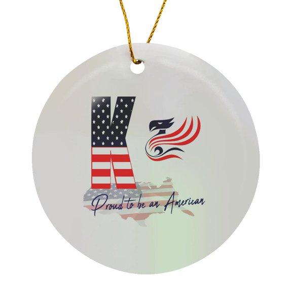 3drose, Usa Flag, Stylized Eagle. Proud to Be an American. Chic Letter K, Circle Porcelain Ornament