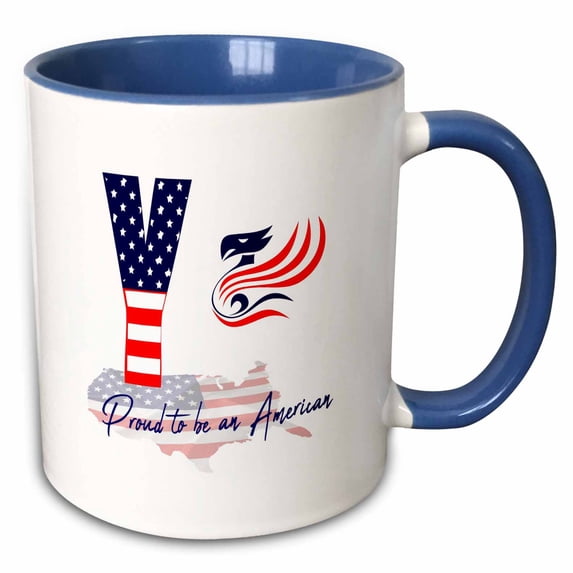 3drose, Usa Flag, Stylized Eagle. Proud to Be an American. Choice Letter Y, 15oz Two-tone Blue Mug