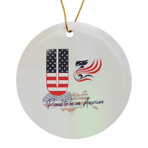 3drose, Usa Flag, Stylized Eagle. Proud to Be an American. Prime Letter U, Circle Porcelain Ornament