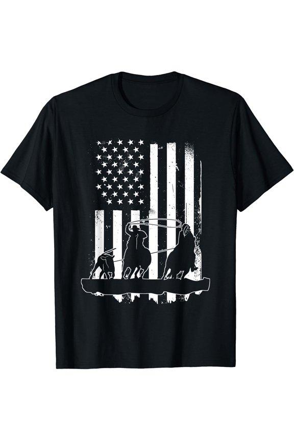 Usa Flag Team Roping Design Rodeo Western Horse Country T-Shirt