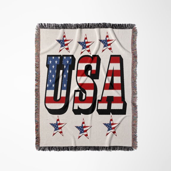 Usa Flag Text With Flag Stars, Woven Blanket