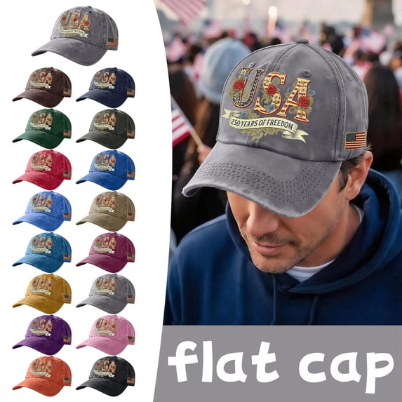 Usa Flag, Vintage, Anniversary, Holiday Hats, Cotton Baseball Caps, 250 Years of Freedom, Embroidery, Faded Wash, Olive Green, 1 Pc, Independence Day