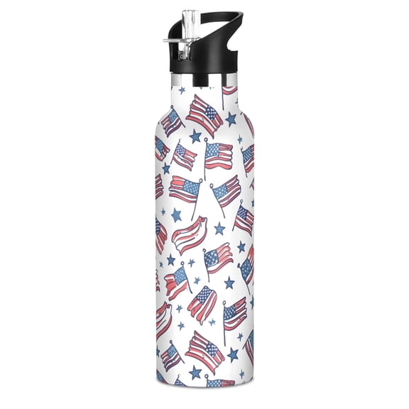 Usa Flags 20oz Vacuum Insulated Stainless Steel Water Bottle BPA-Free Leak Proof Straw Lid