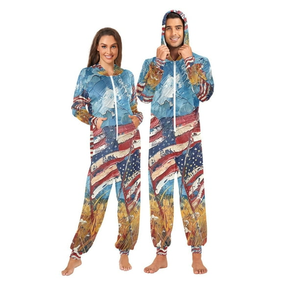 Usa Flags Adult Onesie Pajamas Slim Fit Christmas One Piece Suit Pjs for Women and Men Hooded Zipper
