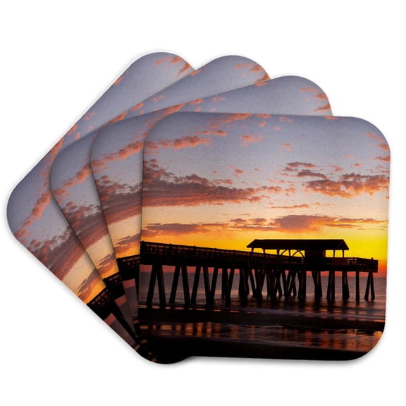 3drose, Usa, Georgia. Silhouette of a Pier in the Sunrise, Near Savannah., Set of 4 Coasters - Soft