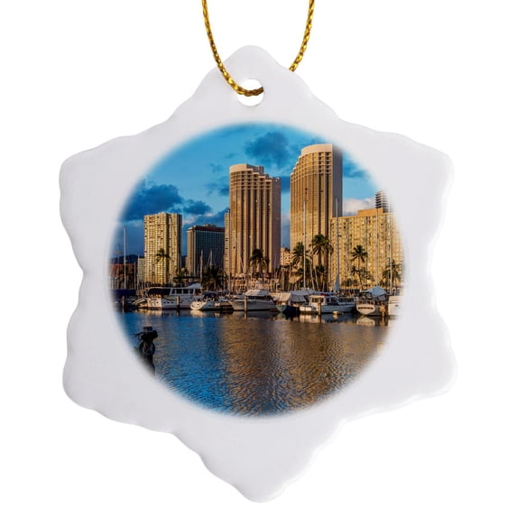 3drose, Usa, Hawaii, Oahu, Honolulu, Ala Moana Marina, 3 inch Snowflake Porcelain Ornament