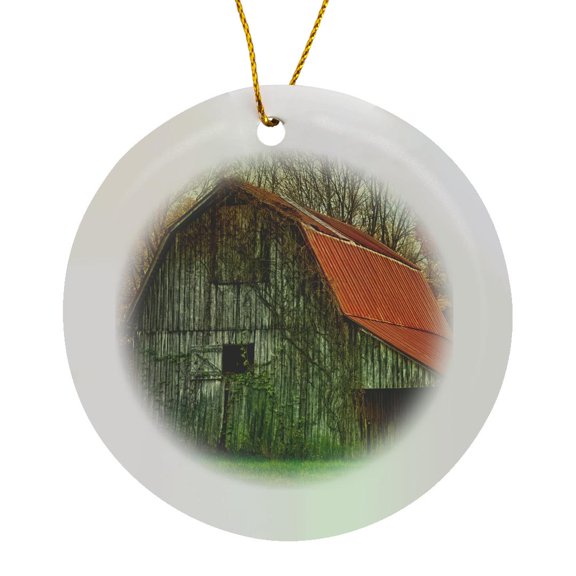 3drose, Usa, Indiana. Rural Landscape, Vine-covered Barn with Red Roof, Circle Porcelain Ornament